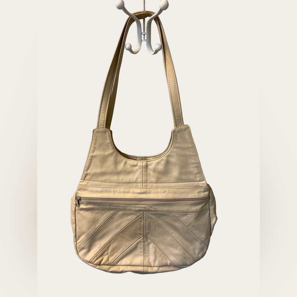 Leather Boho Chic Beige Shoulder Bag Zipper Pockets‎ Made in Mexico